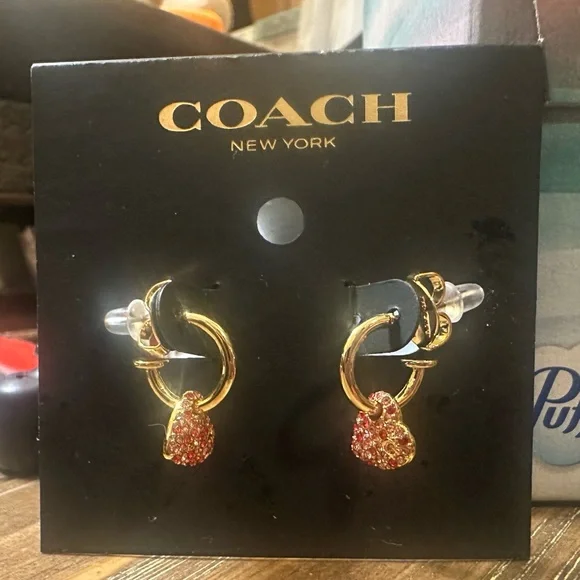 NWT - COACH Pavé Heart Charm Huggie Earrings - Picture 2 of 2